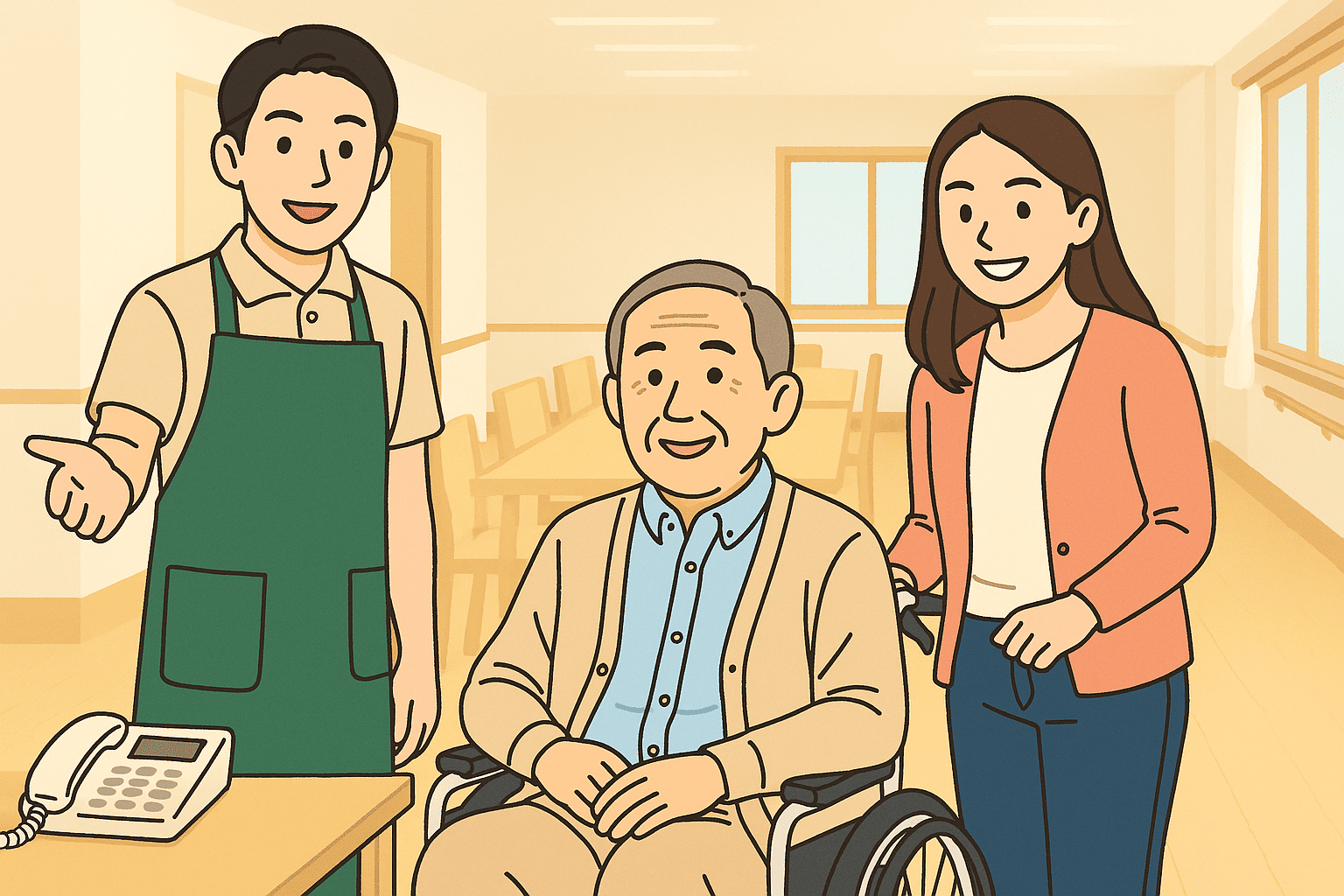 施設内を見学する利用者とその家族